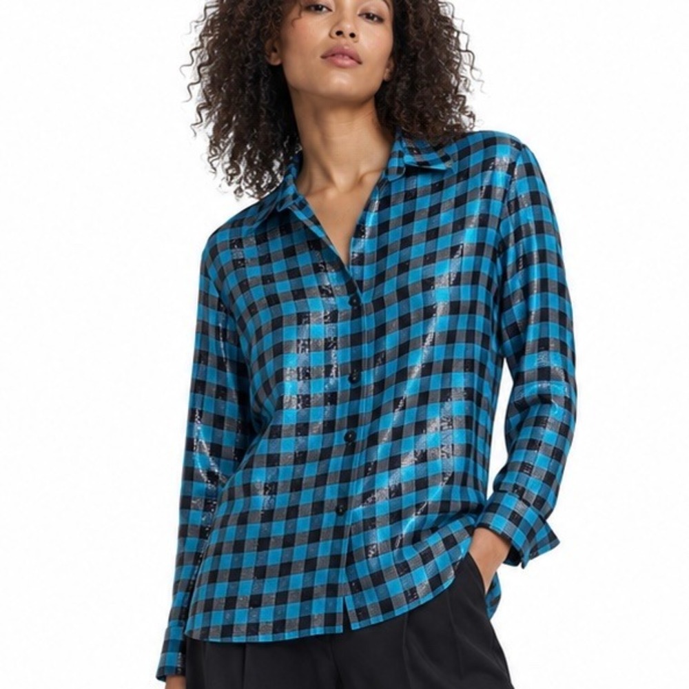 Nina McLemore Blouse Silk Lurex Blue Black Gingham Preppy Quiet Luxury Women 8‎